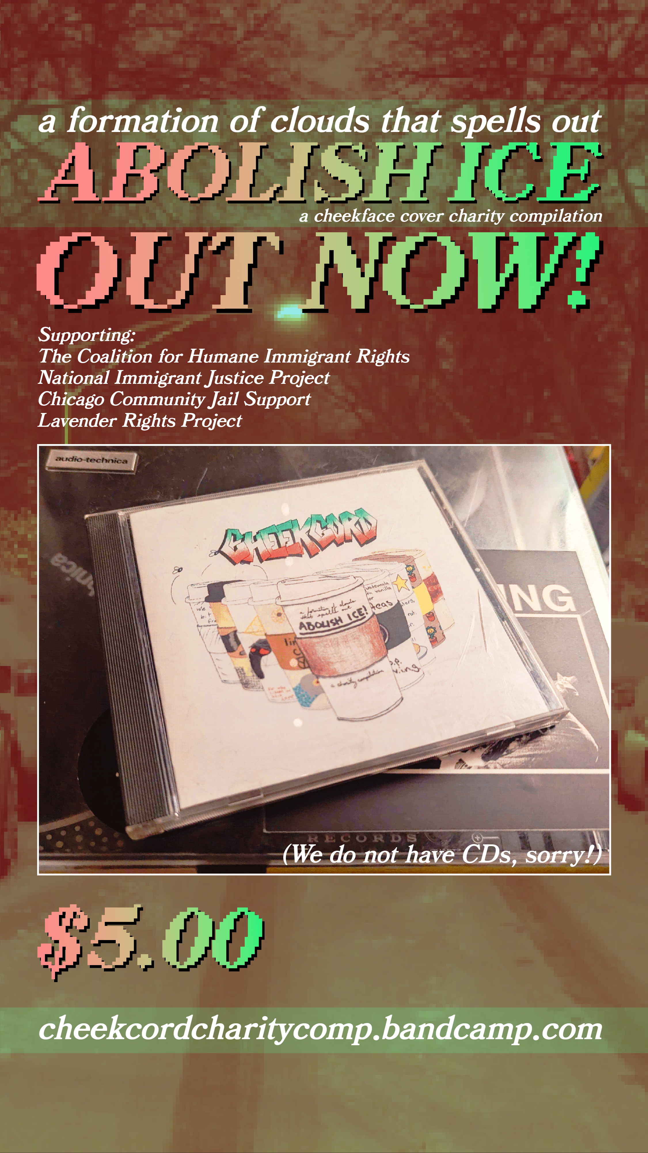 a formation of clouds that spells out ABOLISH ICE OUT NOW digital poster.